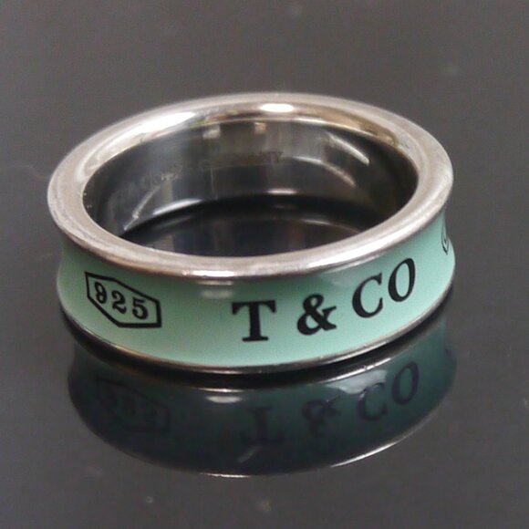 Sz 9 Tiffany & Co. 1837 Concave Blue Enamel Band Ring Silver Gift RARE - Picture 1 of 7